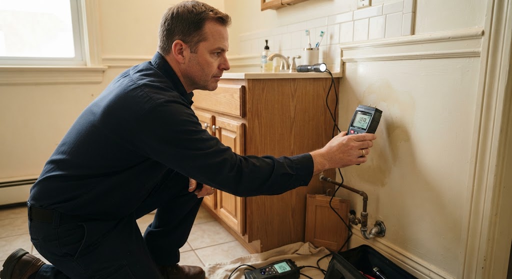 basement leak detection Livingston NJ technician inspecting pipe lines