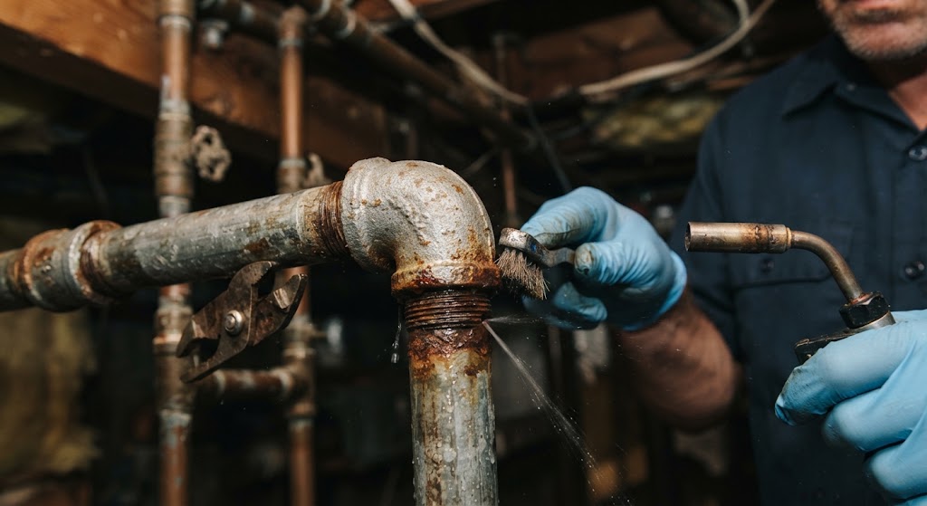 pipe leak repair Livingston NJ technician inspecting corroded copper pipe