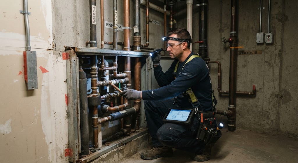 leak detection Livingston NJ technician inspecting residential pipe system