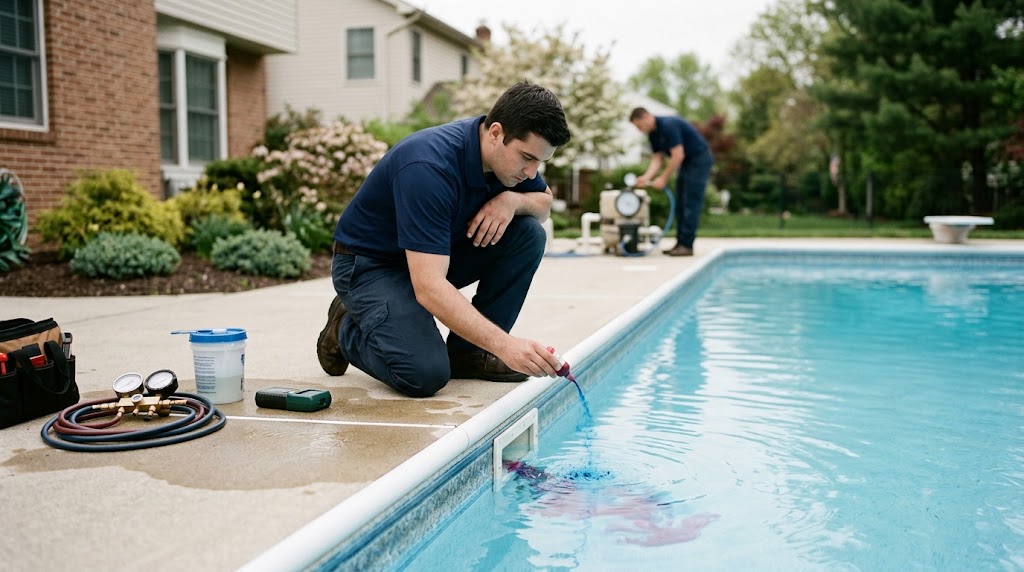 pool leak detection Livingston NJ technician inspecting swimming pool water level