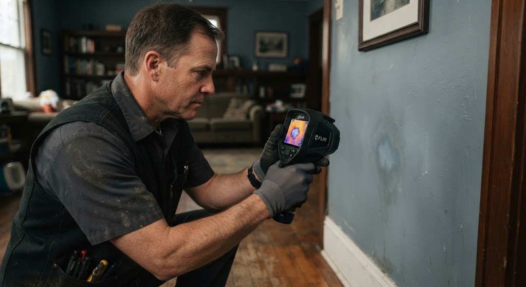 water leak detection Livingston NJ technician using infrared thermal imaging camera