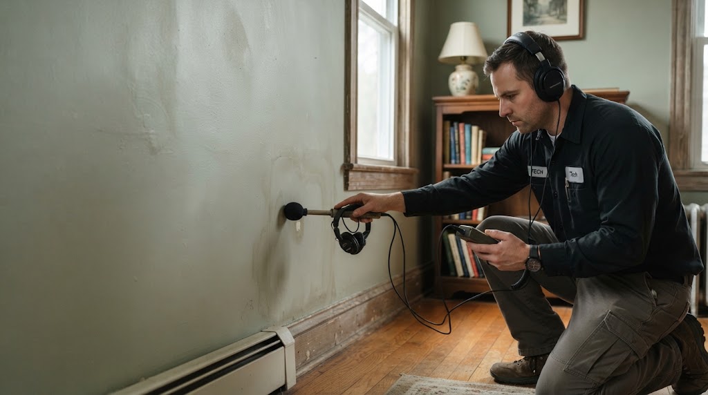 slab leak detection Livingston NJ technician using acoustic floor sensor