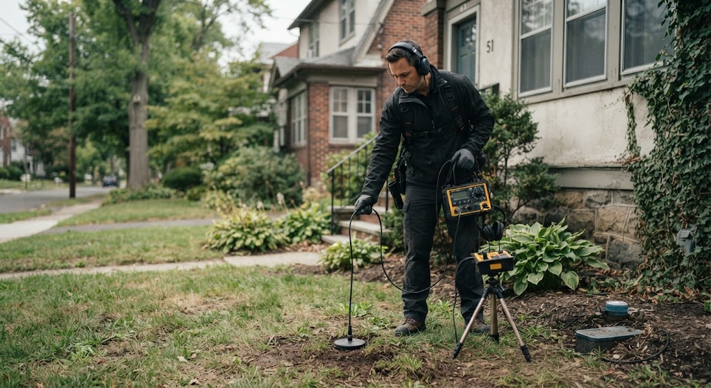 water line leak detection Livingston NJ technician investigating underground line